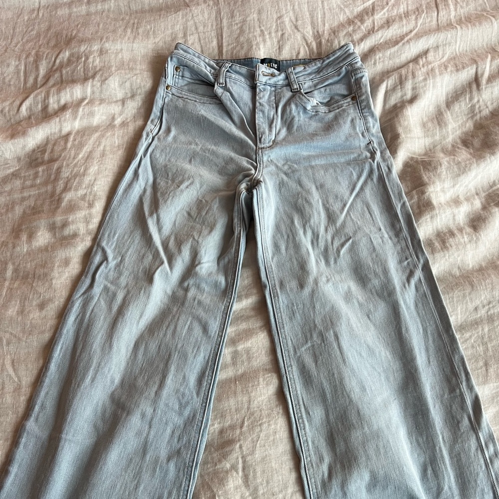 Maeve by Anthropologie high waisted wide leg denim. Full length.